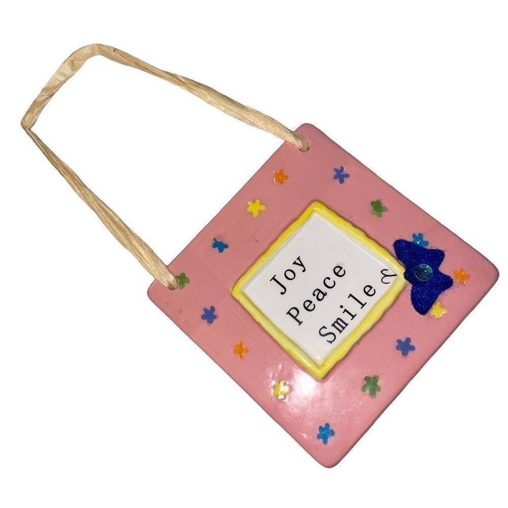 Joy Peace Smile Ceramic hanging pink sign with stars and butterfly 4" square
